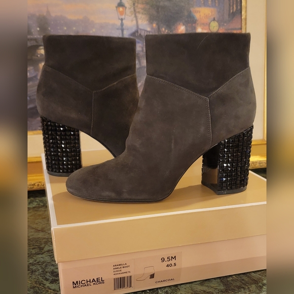 MICHAEL KORS GRAY SUEDE BOOTIE BLACK CRYSTAL HIGH HEEL BOOTS SIDE ZIPPER SZ 9.5 - Picture 11 of 11